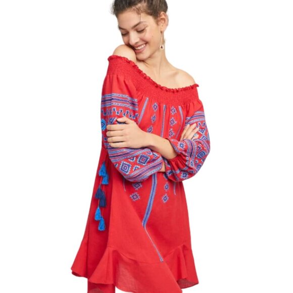 Anthropologie Off Shoulder Embroidered Boho Dress Small Red Cotton Summer Tassel - Picture 8 of 10